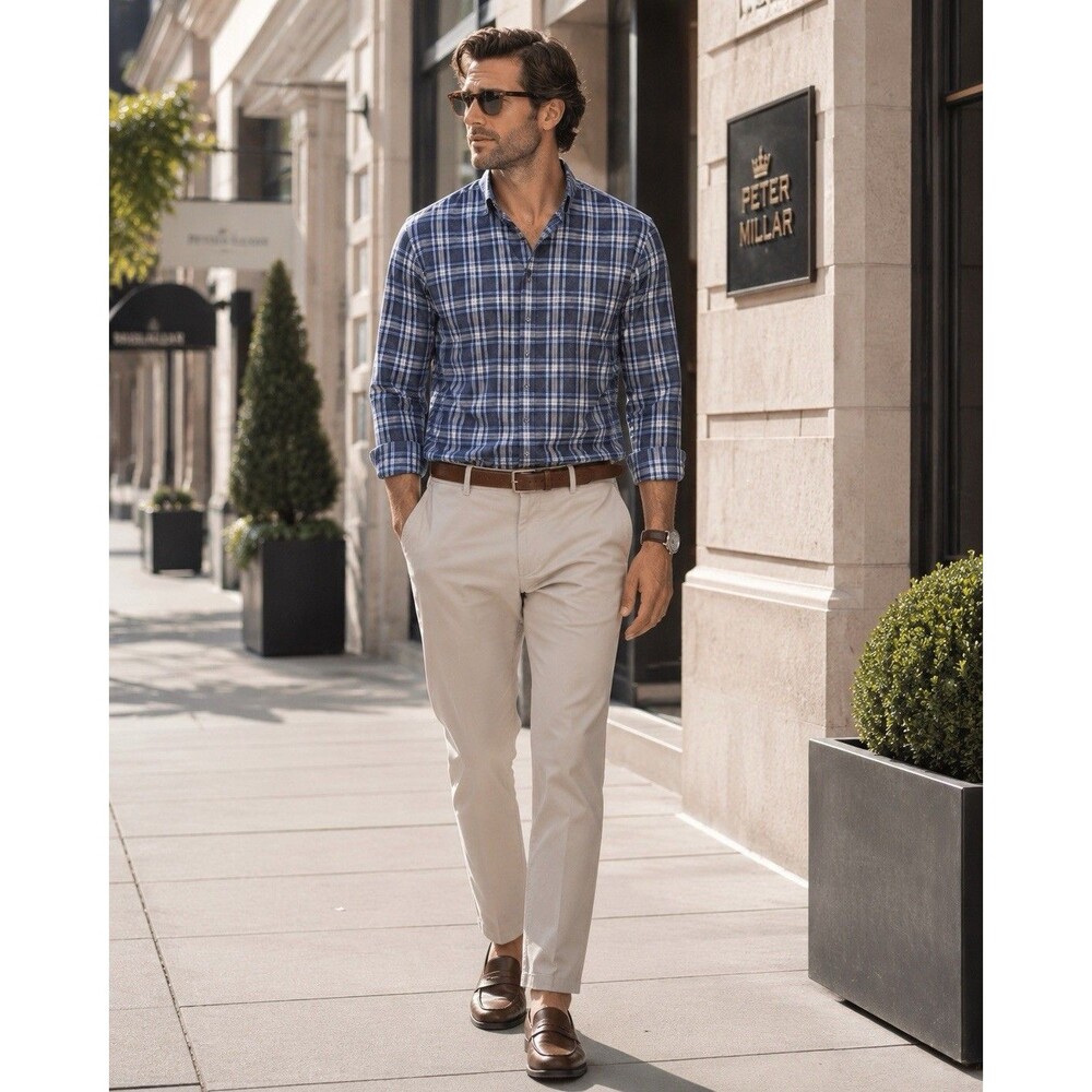 Peter Millar Men's Shirt XL Plaid Performance Blue Check Nylon Blend Navy Long S